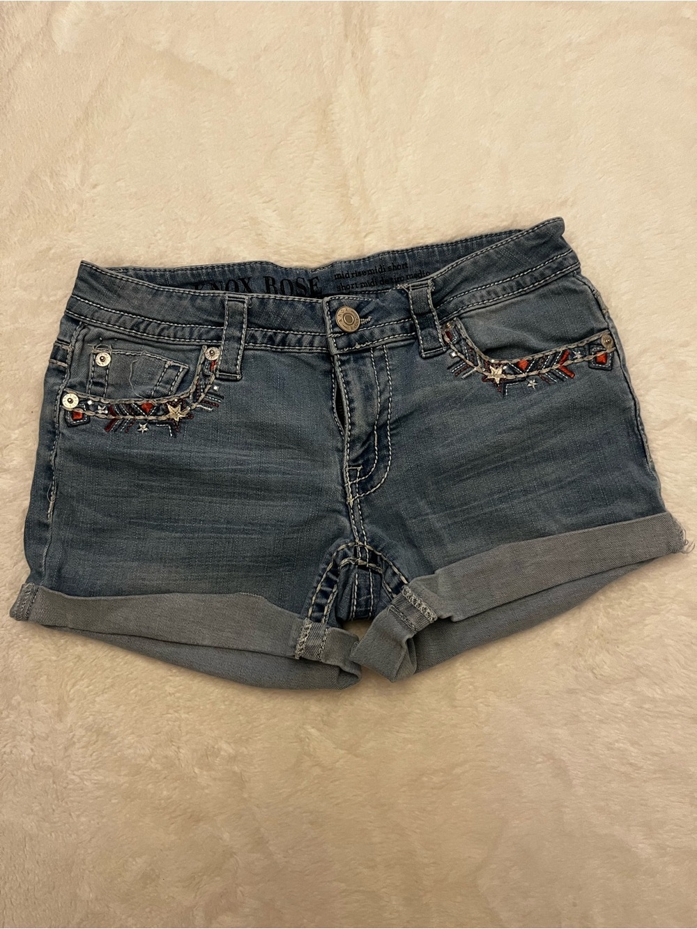 Knox Rose Blue Denim Embroidered Roll-Hem Shorts